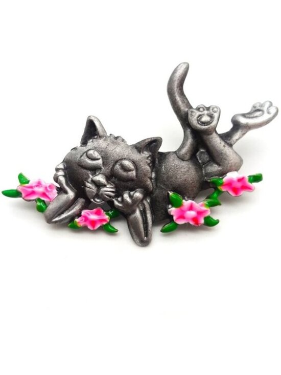 Cat brooch Jewelry - Cat Brooch Pewter Fun Whimsical Pin Stylish Kitty Pink Flowers Pet Love Fashion